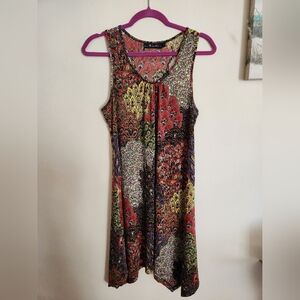 Neesha Boho Style Knee Length Midi Dress Shark Bite Hem Colorful Peacock M/L